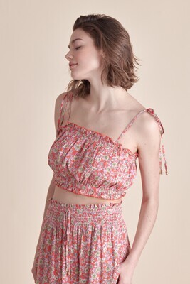 Coral Pink Woven Printed Ruffle Top
