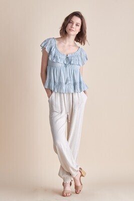 Sage Blue Woven Ruffled Top w/ Lace Details