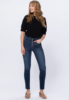 High Rise Button Fly Cut Off Skinny Jeans