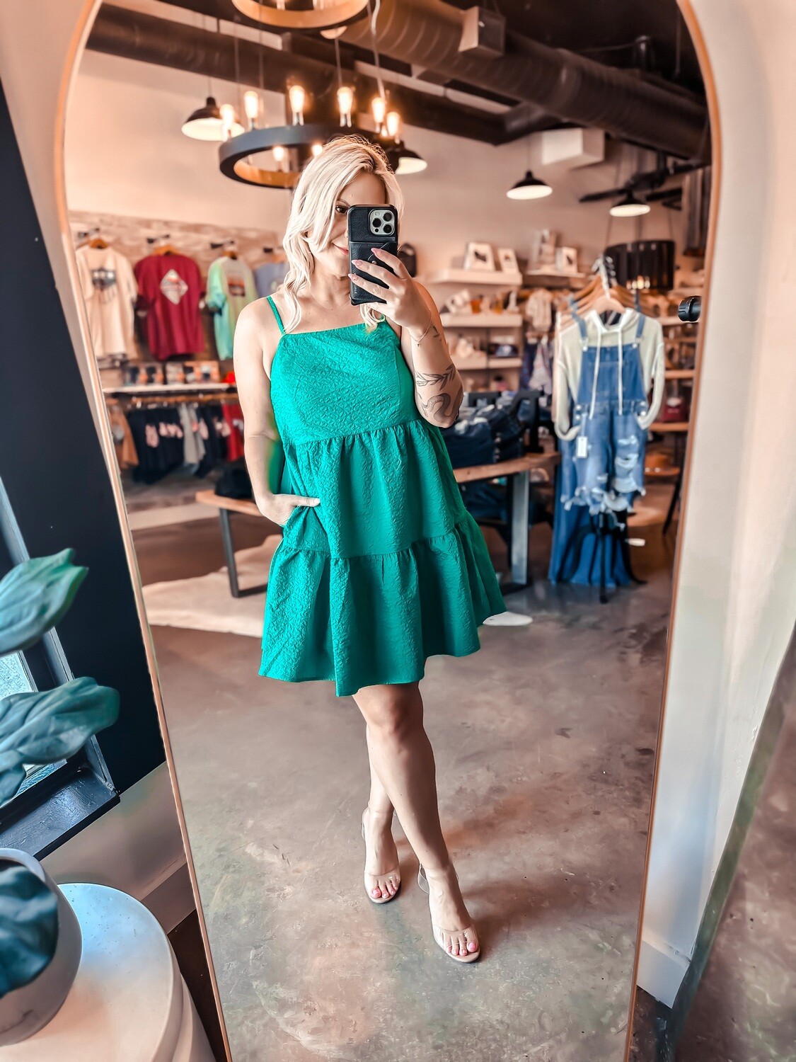 Green Tiered Ruffle Dress with Pockets