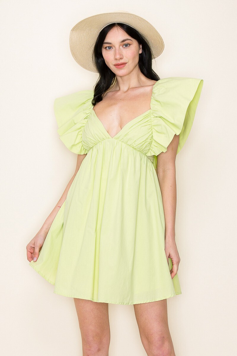Lime Flutter Sleeve Pleated Bust Dress