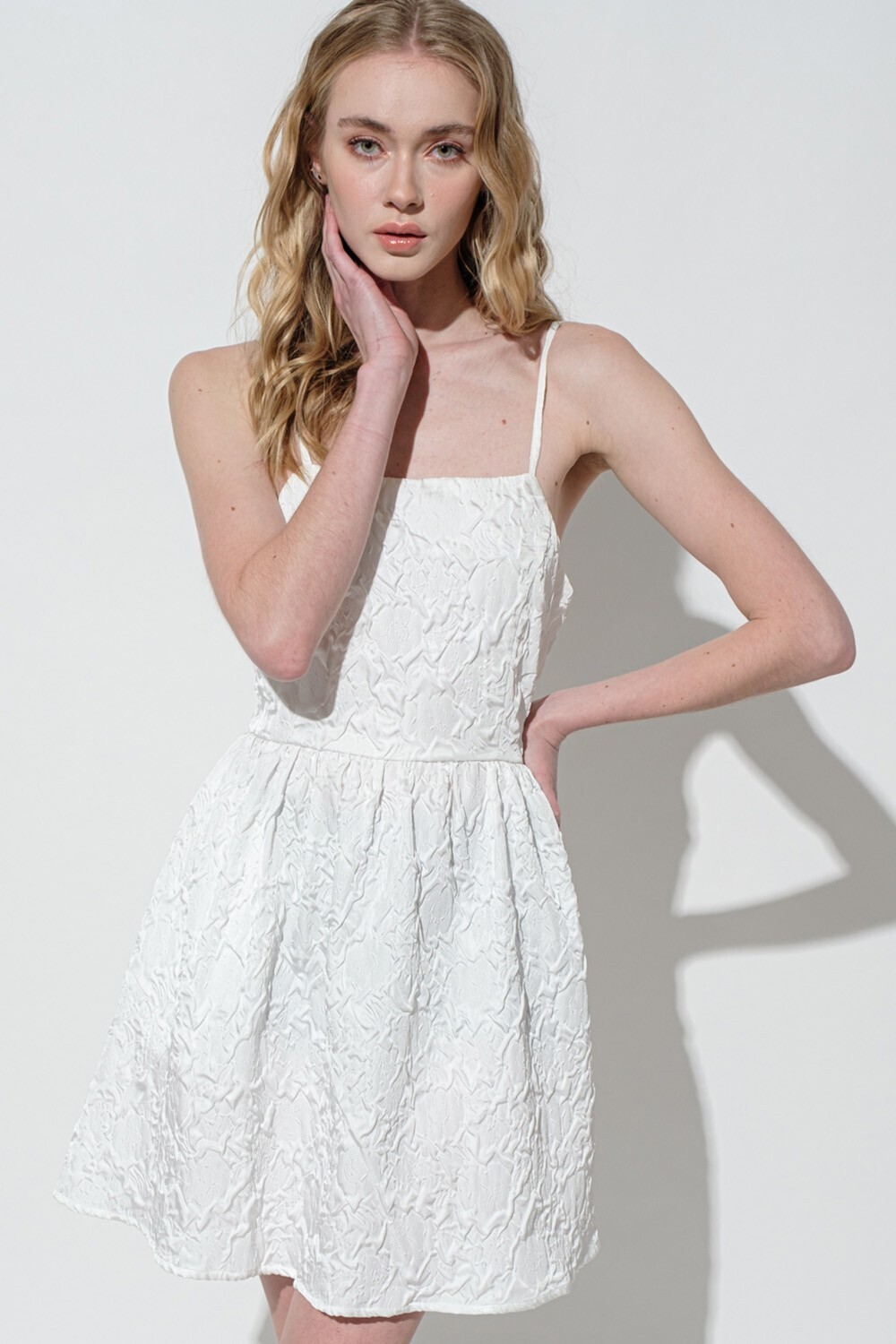 Off White Floral Textured Sleeveless Dress w/ Tie