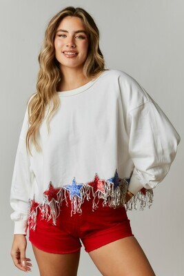 White Fringe Sequin Star Trim Sweatshirt
