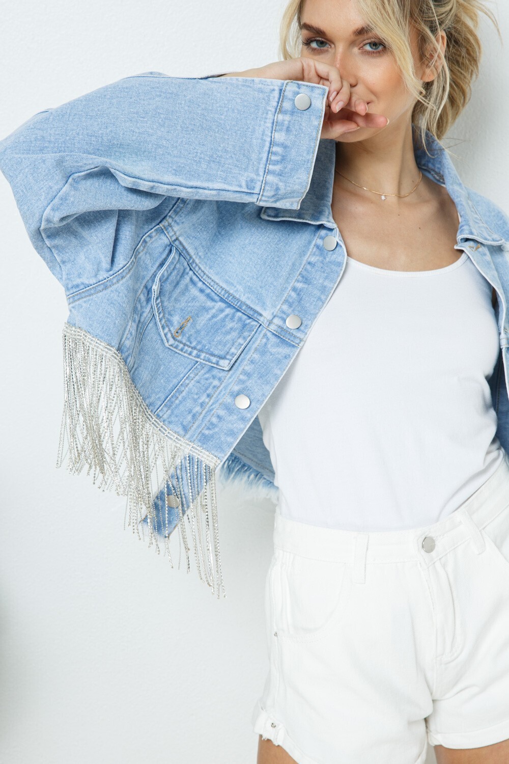 Light Denim Cropped One Sided Rhinestone BF Jacket