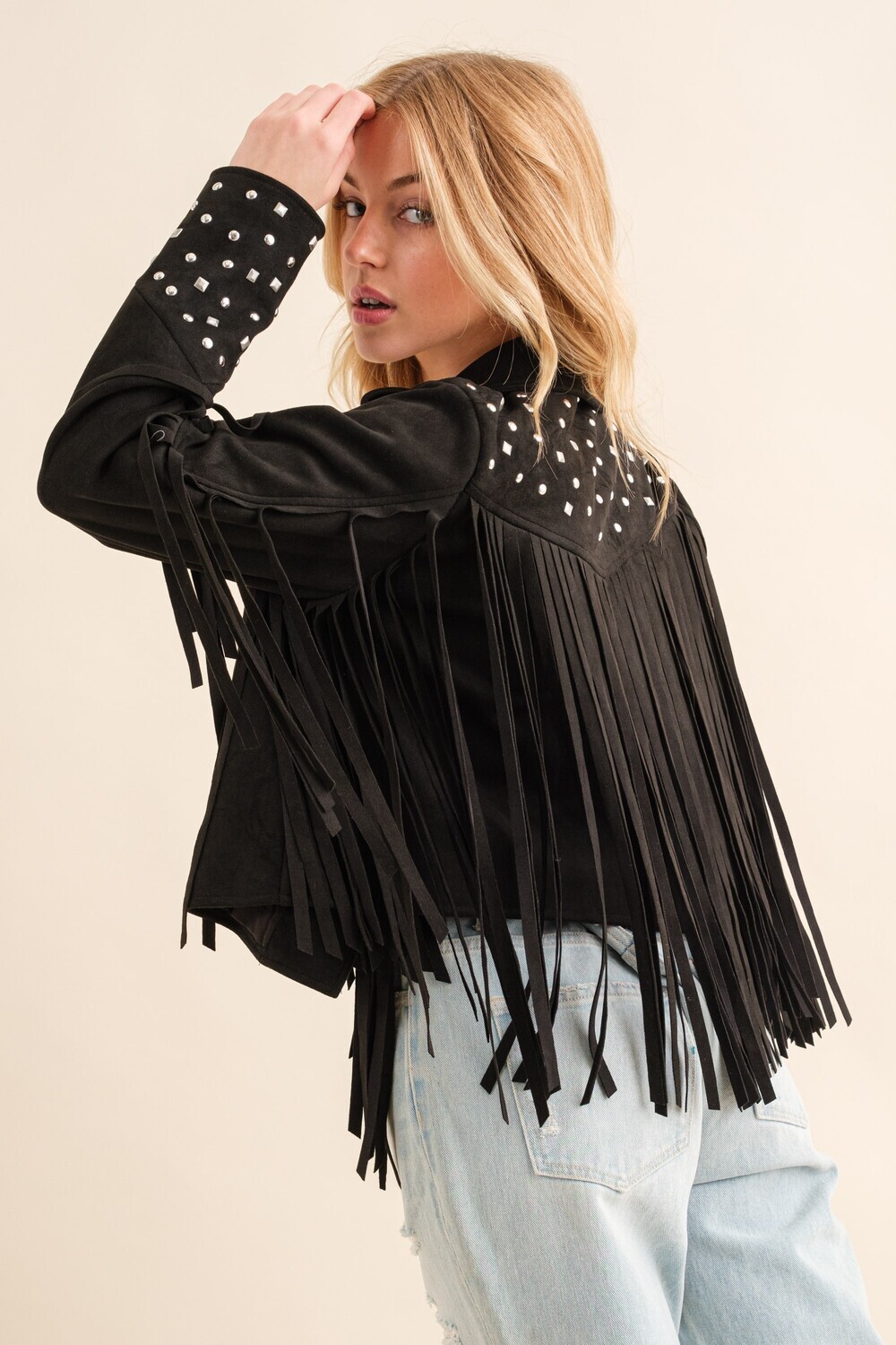 Black Suede Studded Fringe Western Jacket