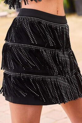 Black Side Zipper Tier Stud Fringe Skirt