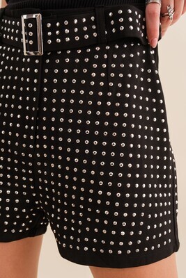 Black Stretch Studded Belted Glam Shorts
