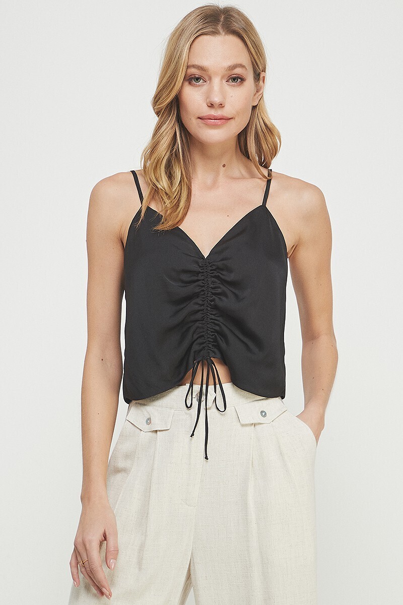 Black Washed Satin Cinched Front Cami