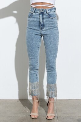 Washed Stretch Fitted Rhinestone Fringe Jeans