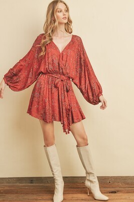 Faded Red Printed Mini Dress w/ Long Bell Sleeves