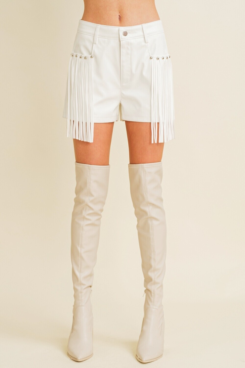 White Fringe and Stud Faux Leather Shorts