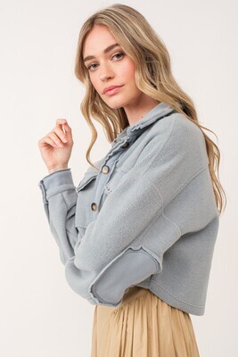 Denim Blue Cropped Jacket With Buttons