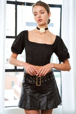 Black Lace Cropped Top w/ Puff Sleeve
