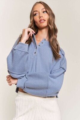 Blue Long Sleeve Top With Button details
