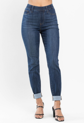 High Waist Pull On Double Cuff Slim Jeans