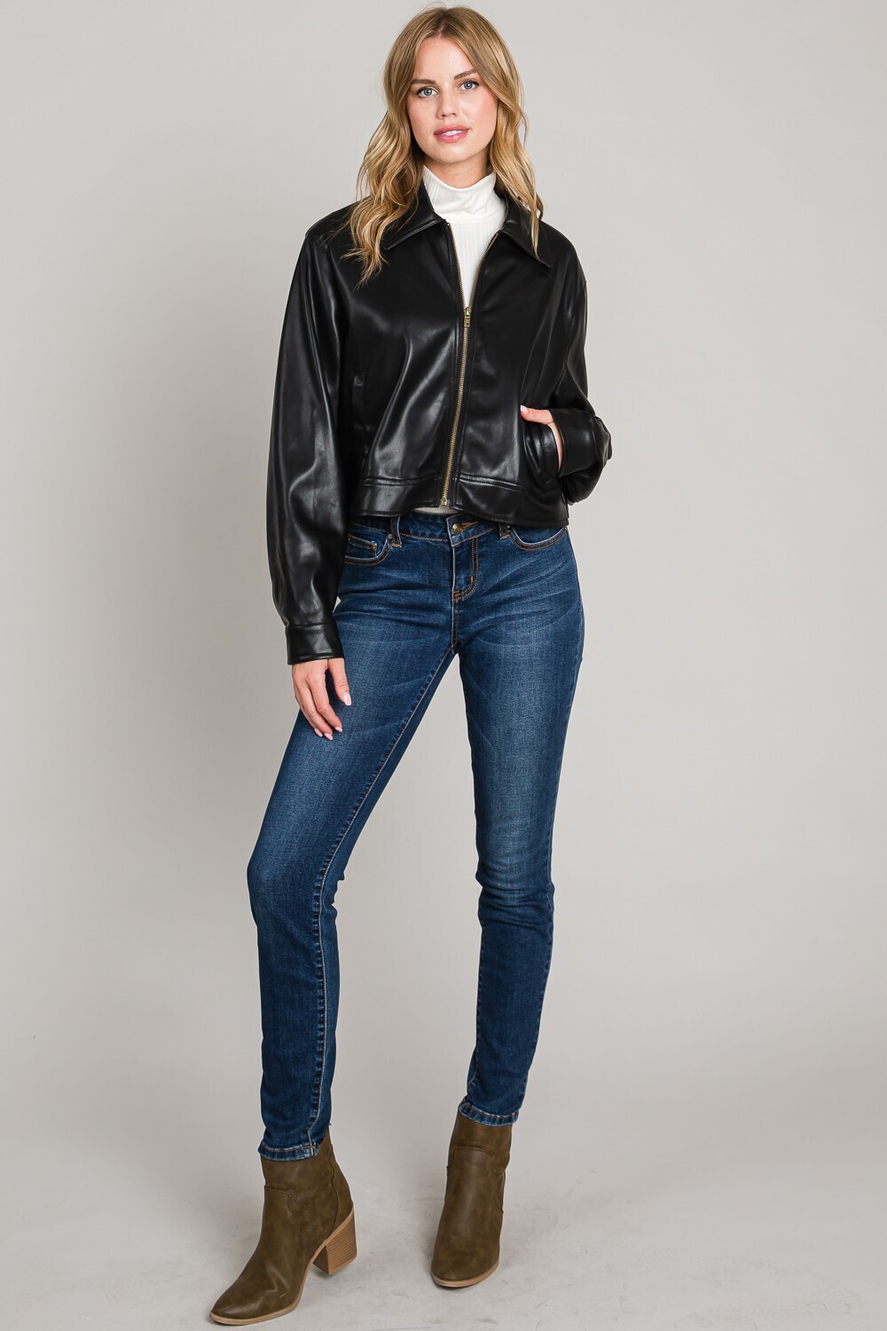 Black Vegan Leather Zippered Front Jacket