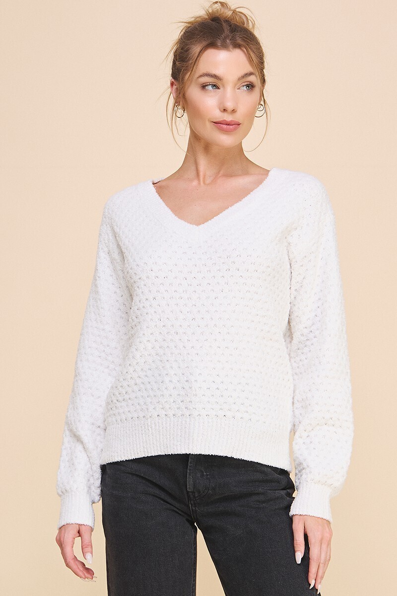Off White Soft Cloud Pique V Neck Sweater 