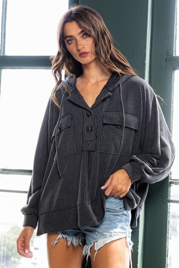 Oversized Ribbed Hoodie with Pockets
