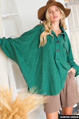 French Terry Oversized Knit Collared Top