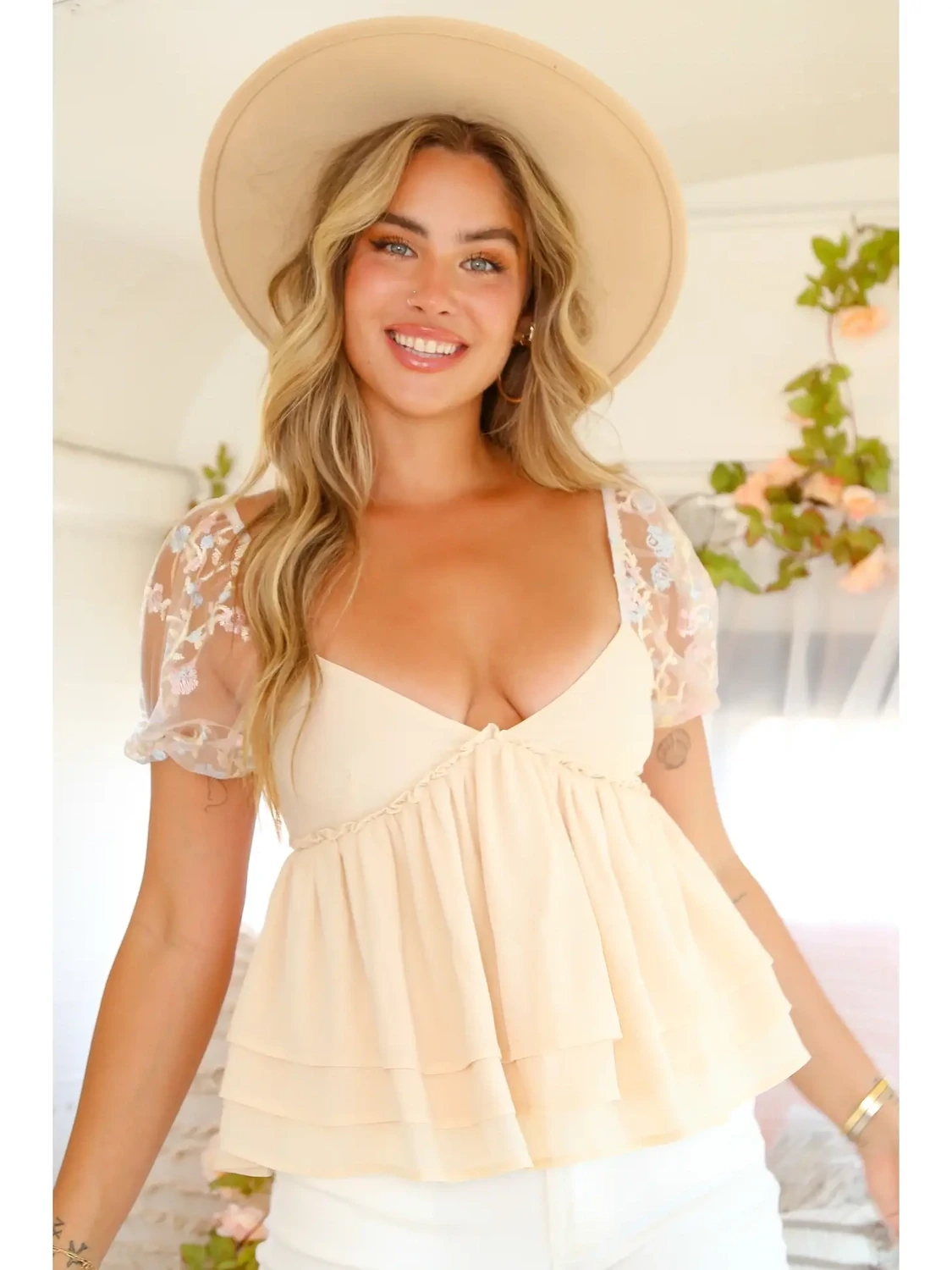 Ivory Floral Lace Babydoll Top