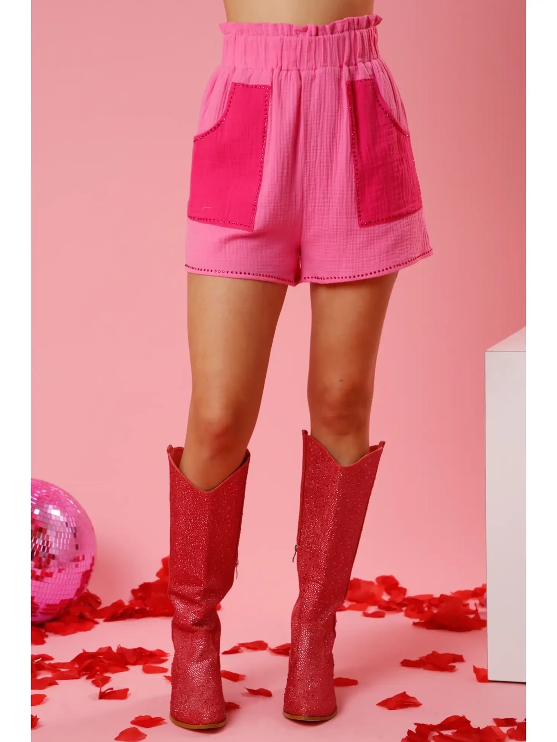 Pink Color Block Gauze Shorts w/ Rhinestones