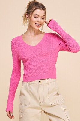 Hot Pink Cable Knit Fine Gauge Pullover