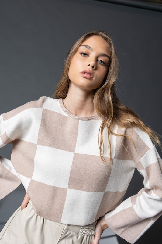 Taupe Checkered Cropped Sweater