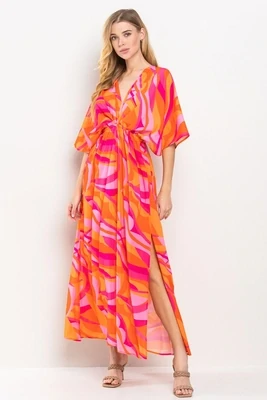 Pink & Orange Color Pop Maxi Dress w/ Slit