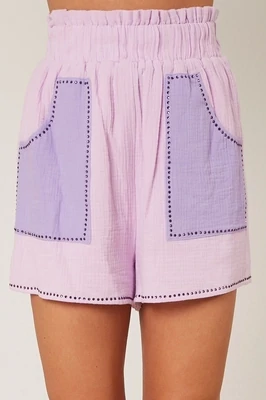 Lilac Color Block Gauze Shorts w/ Rhinestones