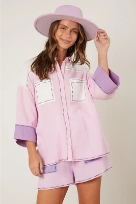 Lilac Cotton Gauze Color Block Rhinestone Shirt