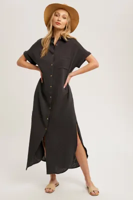 Charcoal Button Up Maxi Dress w/ Pockets