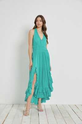 Turquoise Crinkled Hem Halter Dress