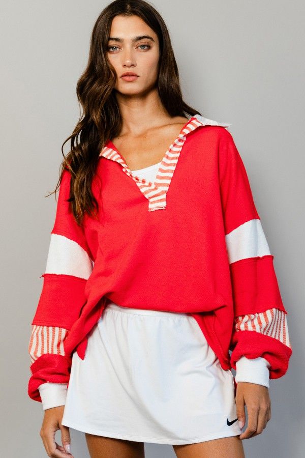 Red &amp; Ivory Color Block French Terry Collared Top