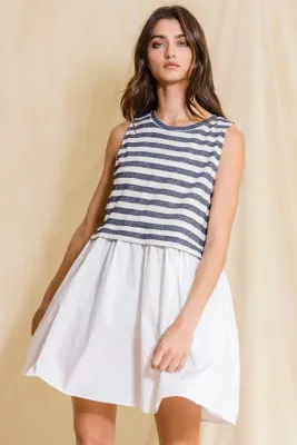 Navy & White Stripe Color Block Mini Dress