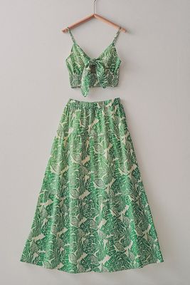 Green Leaf Print Maxi Skirt