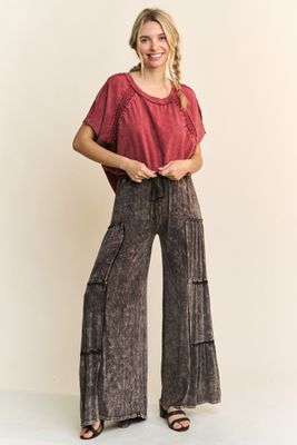 Ash Black Mineral Wash Tiered Wide Leg Pants