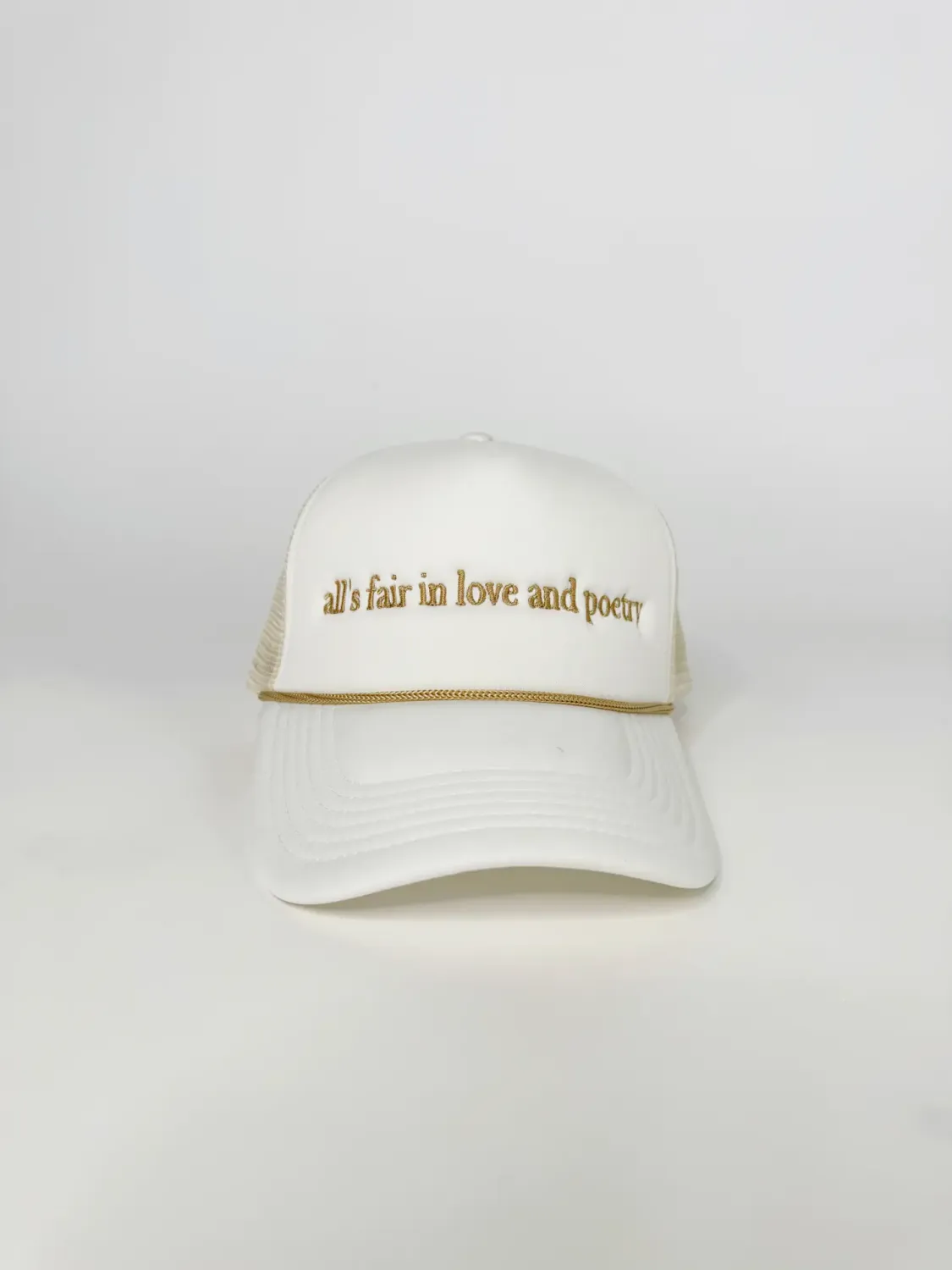 White Embroidered All is Fair Trucker Hat