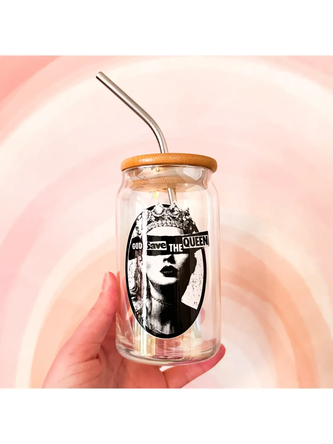 God Save The Queen Glass Tumbler w/ Lid &amp; Straw