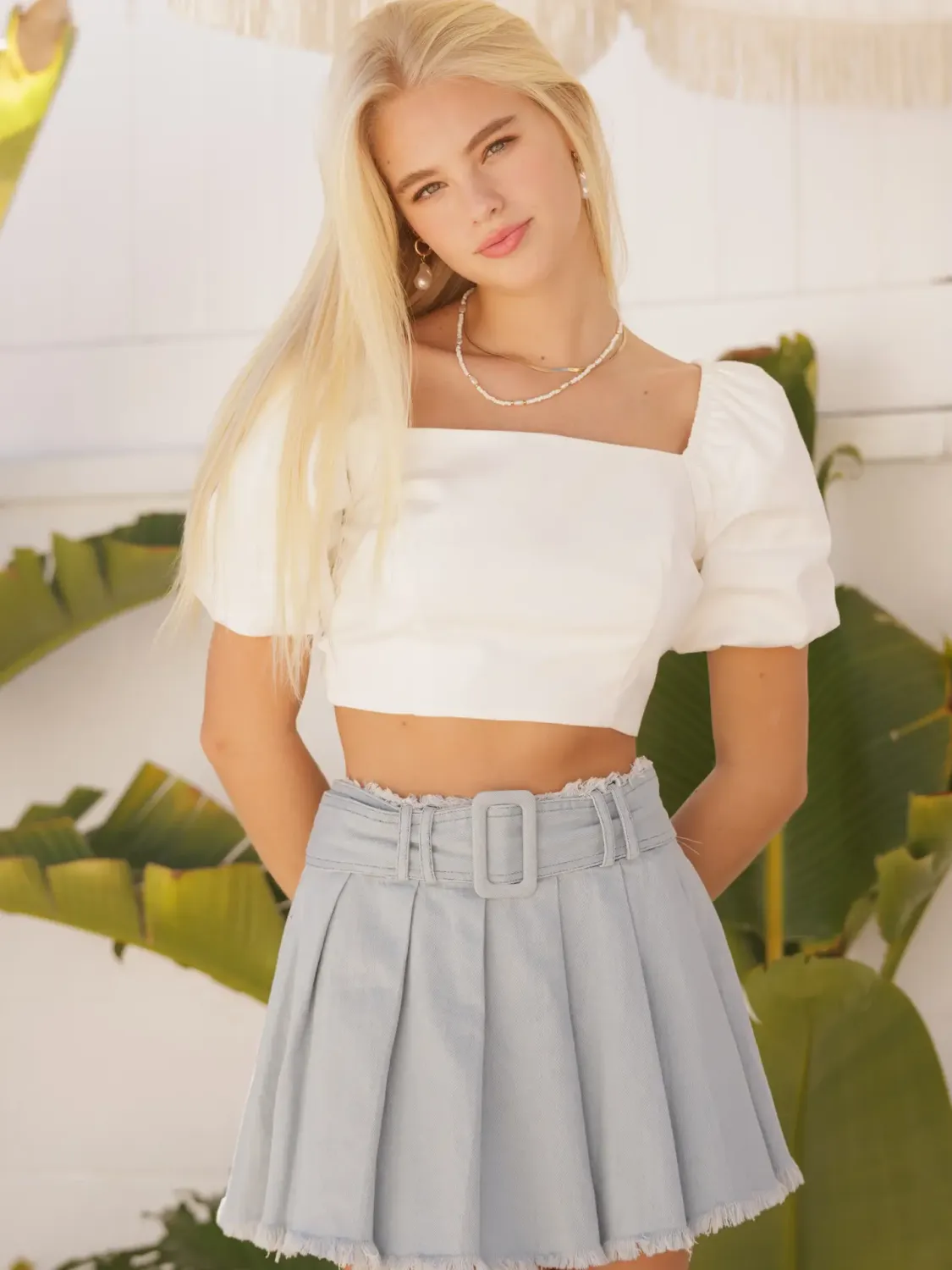 Off White Puff Sleeve Crop Top w/ Lace Up Back