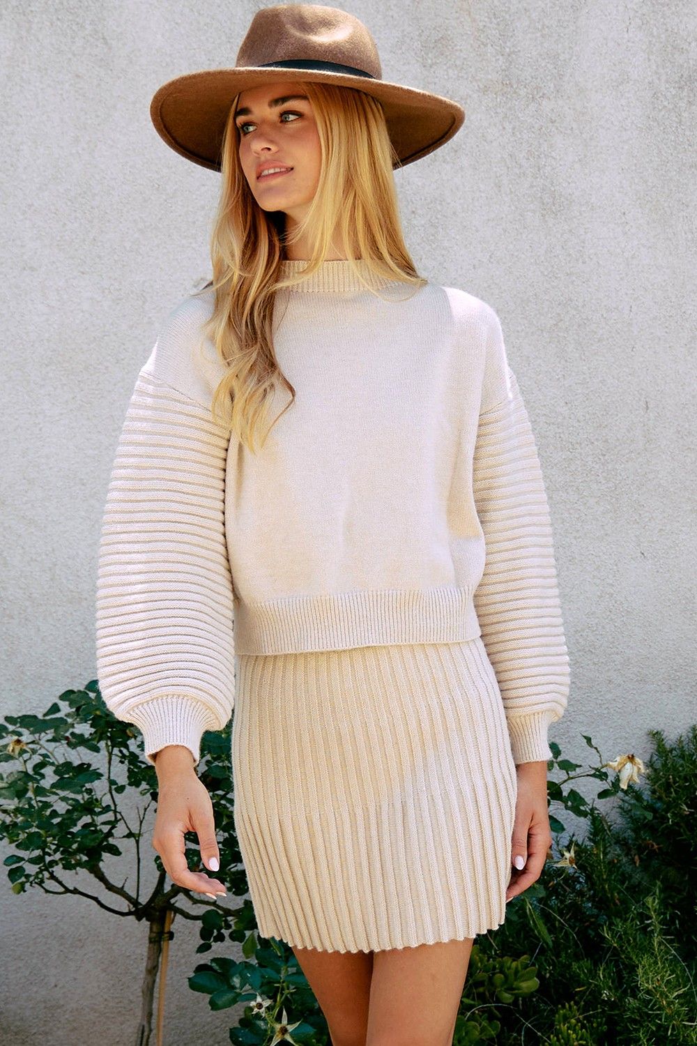 Beige Pleated Sweater Skirt