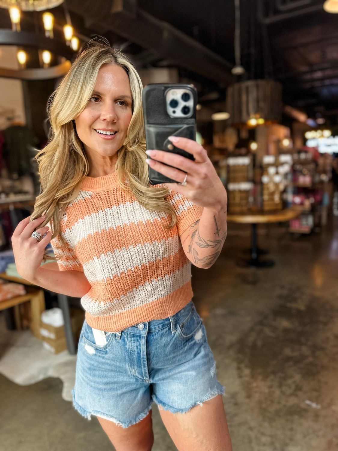 Coral &amp; Cream Striped Short Sleeve Sweater Top