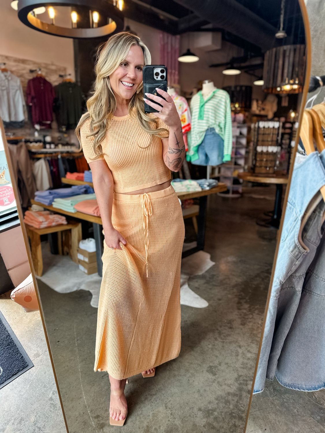 Apricot Open Weave Knit Maxi Skirt