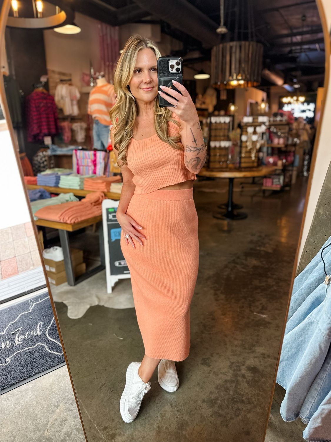 Coral Ribbed Midi Skirt w/ Slits