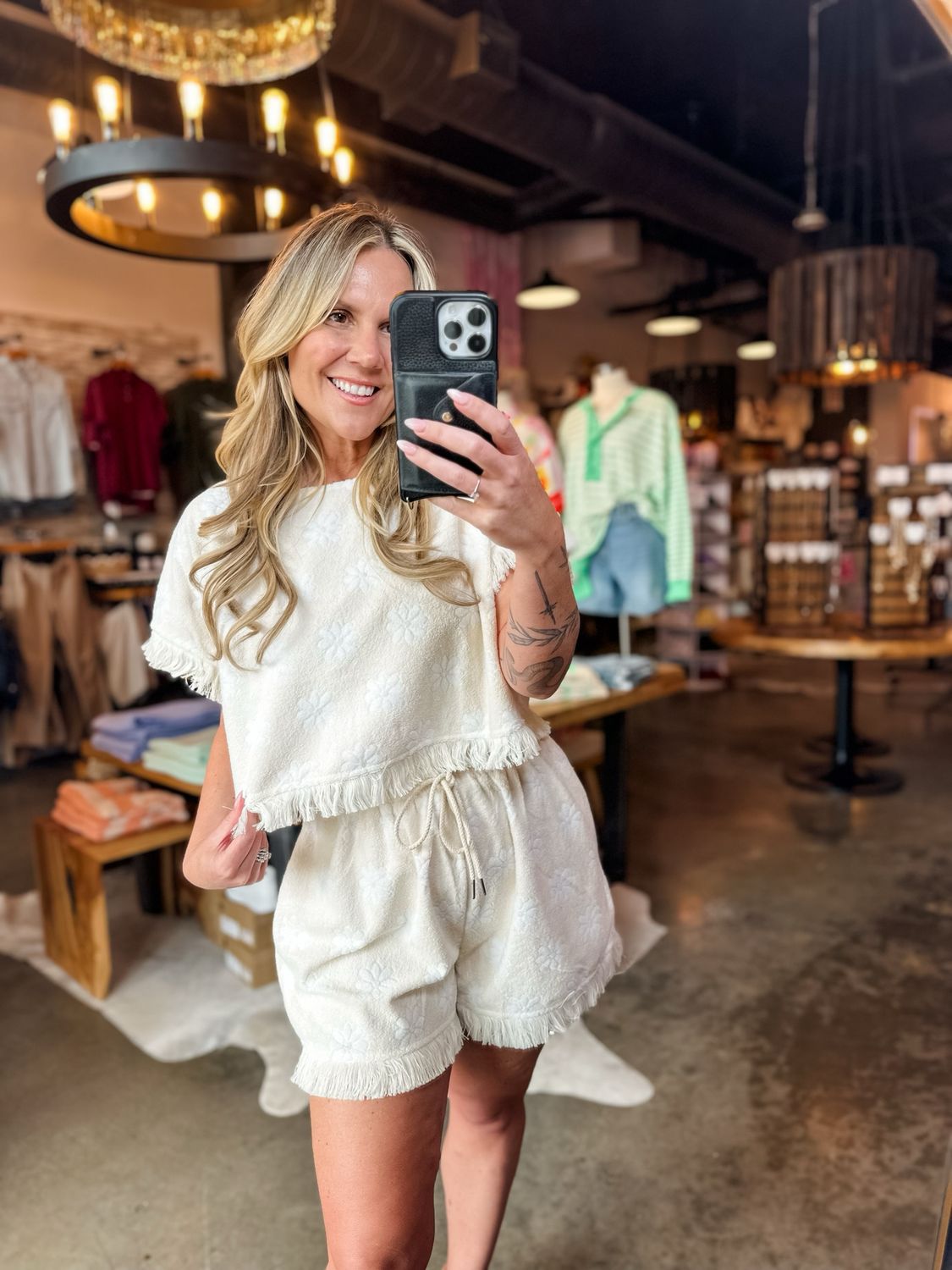 Cream Flower Jacquard Terry Crop Top w/ Fringe