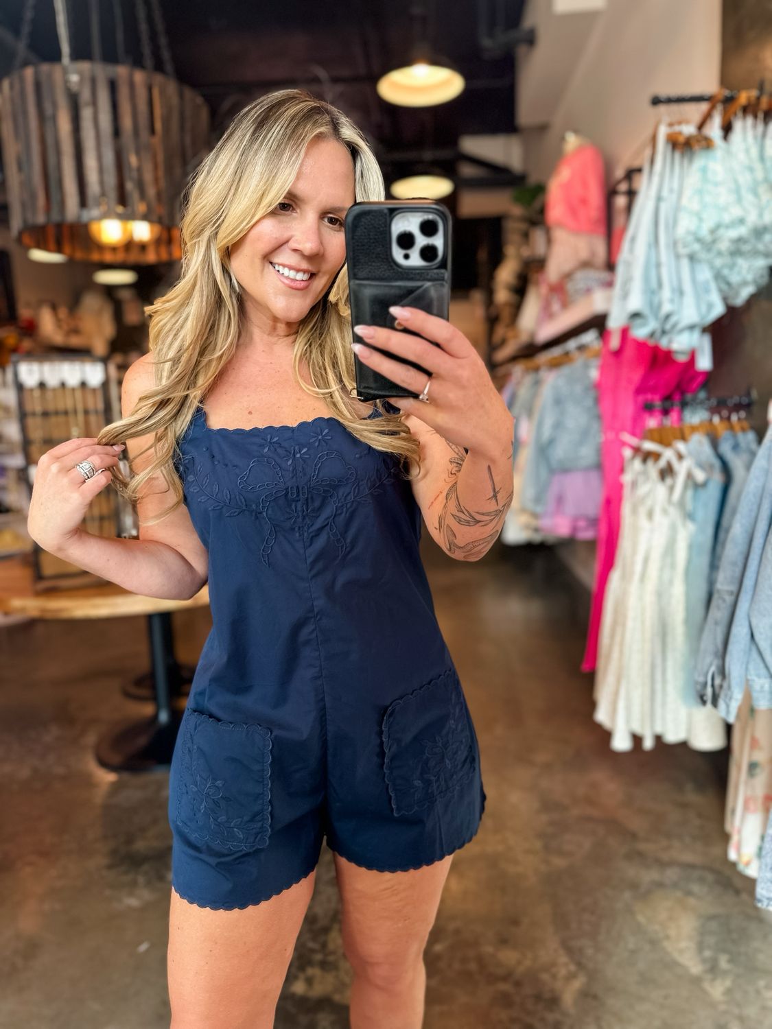 Navy Embroidered Square Neck Romper