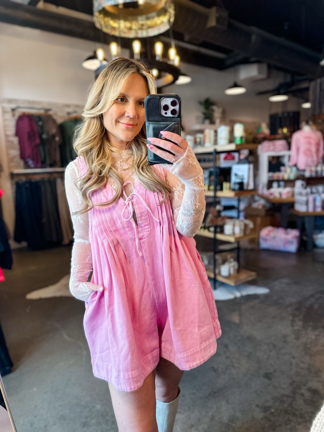 Pink Sleeveless V Neck Denim Romper