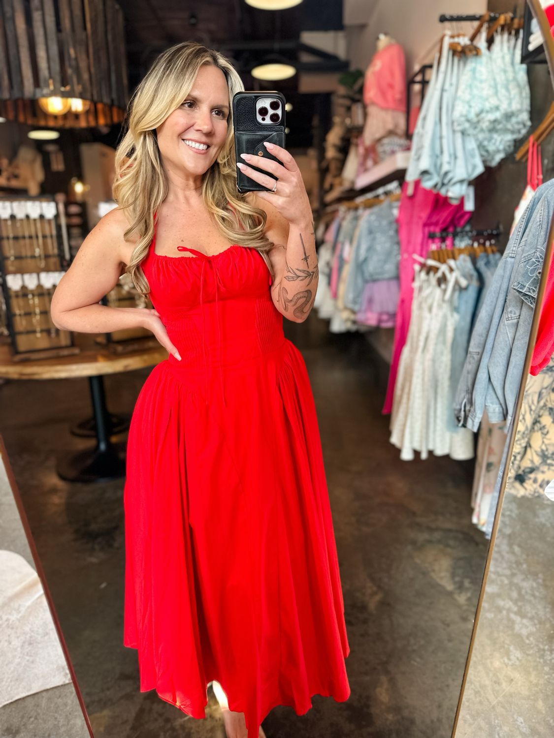 Red Gathered Bust Pintuck Corset Midi Dress
