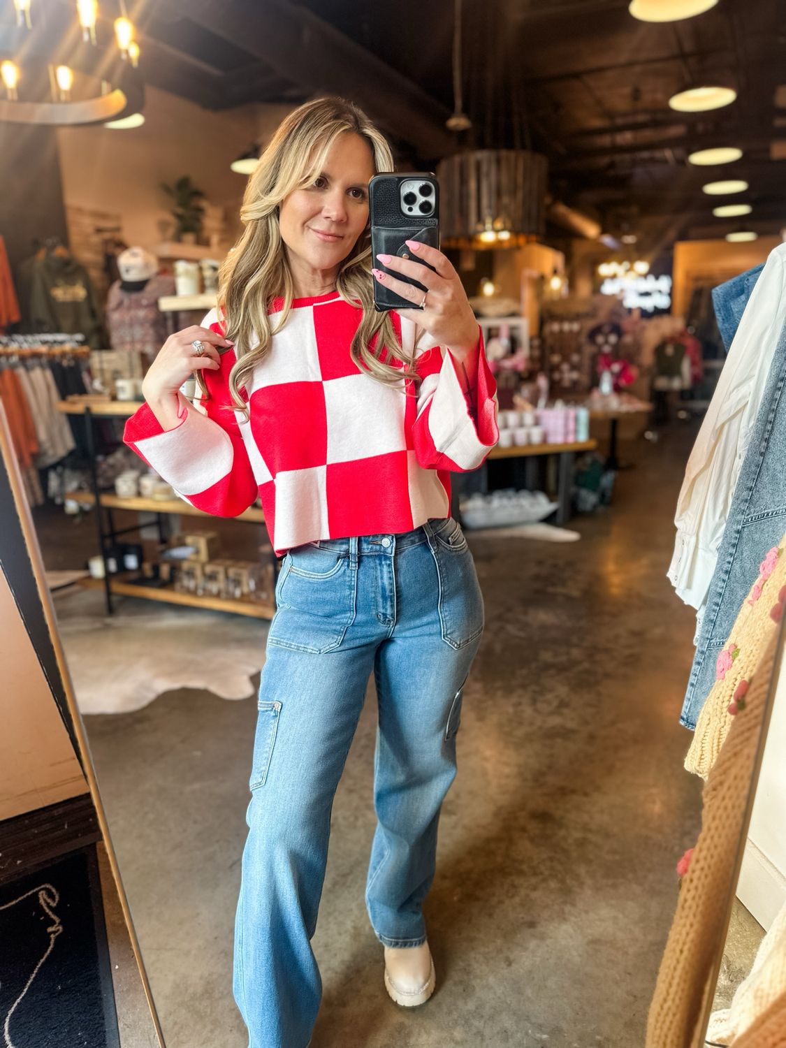 Red &amp; Blush Checkered Long Sleeve Crop Top