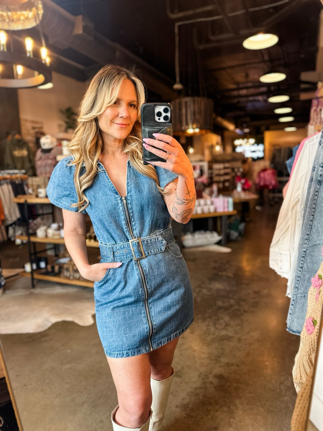 Medium Wash Denim Puff Sleeve Belted Mini Dress 