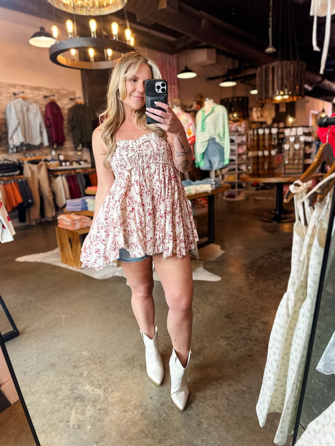 Cream Floral Print Smocked Strapless Tunic Top